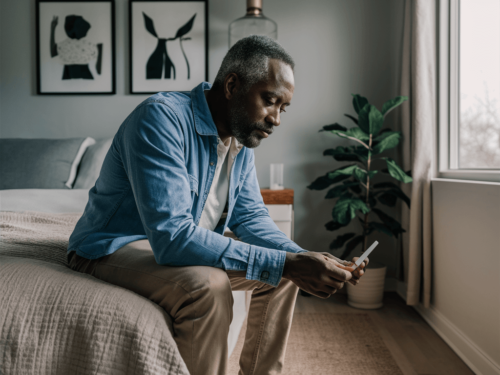 Man sitting on a bed reading a rapid health test